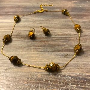 Vintage Gold toned and brown beaded necklace and earrings